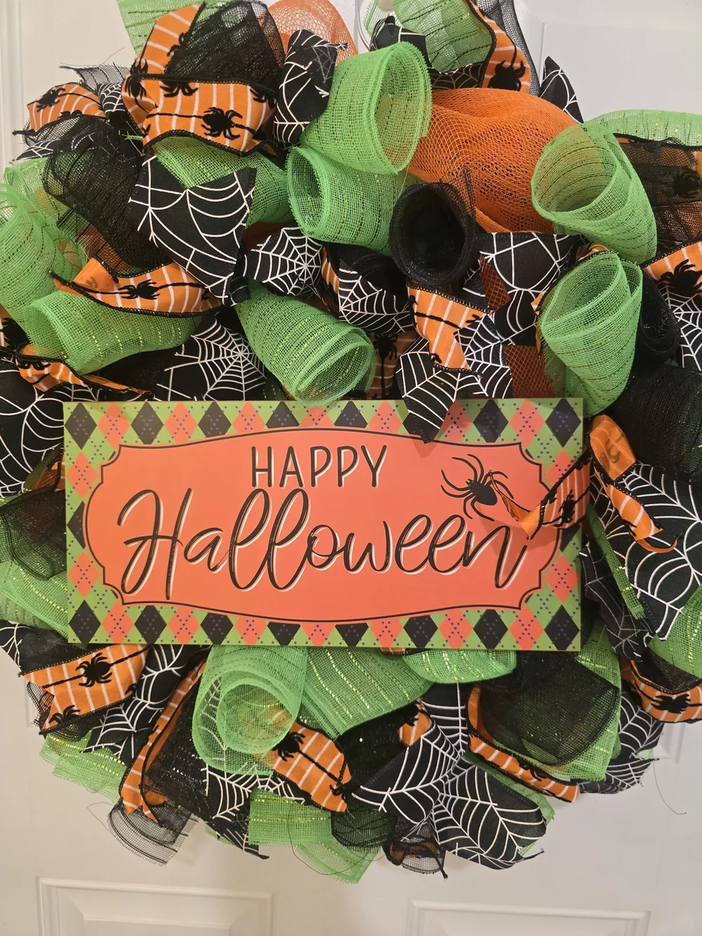 Happy Halloween Spider Web Deco Mesh Wreath - Orange & Green